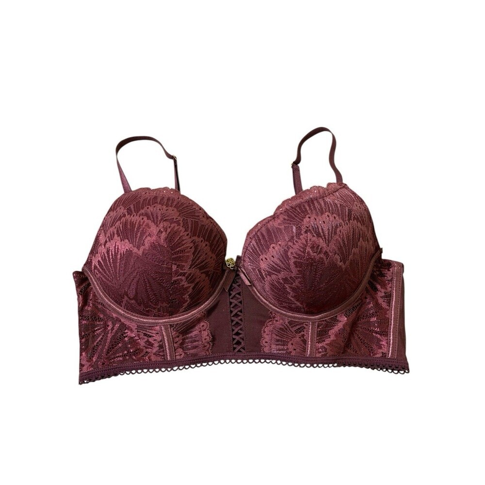 Daisy Fuentes Women's Floral Lace Underwire Bralette‎ Push-Up Burgundy Bra 36B